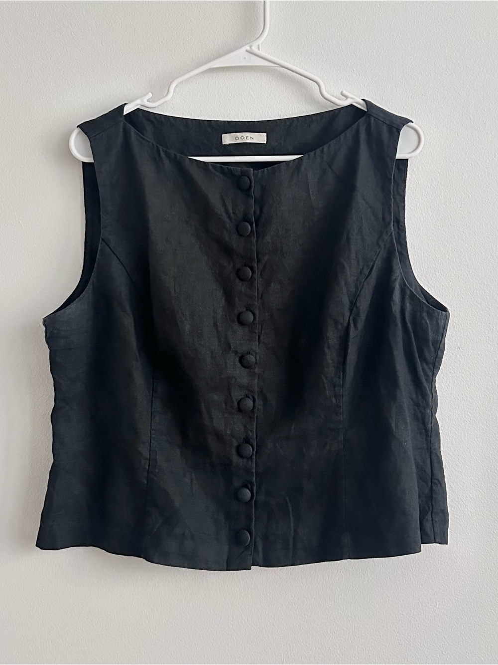 Doen Hayden Black Linen Sleeveless Button Up Boat Neck Vest Top Size 12